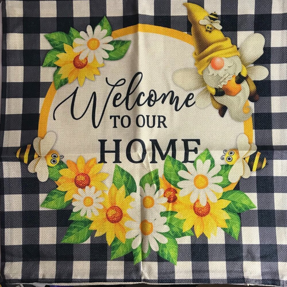 NWOT Gnome Bee Daisy Sunflower Pillow Cover 16"x16" "Welcome to our home"